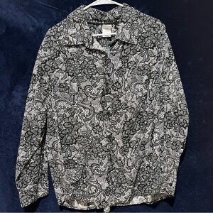 Just My Size Shirt Womens 3X Black White Floral Button Up Long Sleeve